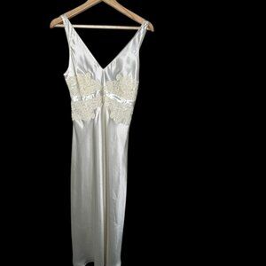 Jones New York Ivory Satin Slip Dress with Lace Insets